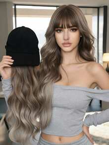 ( Velvet Cap + Long Curly Hair) Women's Baseball Cap Wig, Long Curly Hair, Body Wave Synthetic Wig, Adjustable Hat Wig, 24 Inches - Linen Brown - View 5