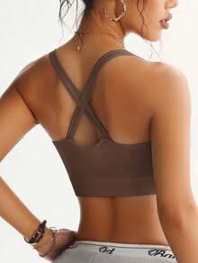 Runway Rest 女士交叉性感瑜伽文胸，镂空网眼透气无缝无钢圈运动文胸 - 棕色 - 查看 2