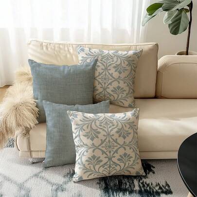 4 fundas de almohada con estilo bohemio, fundas de cojín con estampado floral, fundas de almohada de fibra de poliéster, material de lino retro, cierre con cremallera oculta, lavable a máquina, patrón de línea de moda minimalista, fundas decorativas para almohadas para sofá, sala de estar, dormitorio, sin relleno de almohada