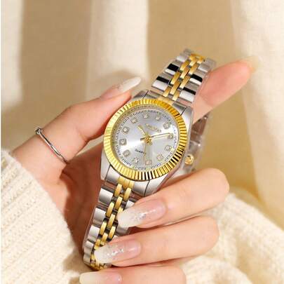 1枚优雅奢华女士石英表，轻奢经典双色不锈钢石英表（含双色合金表带），采用经典双色配色方案和奢华细节。腕表采用齿轮纹表圈和闪耀钻石时标，更显精致优雅。