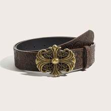 1条波西米亚复古青铜色十字印花压花金属咖啡色西部牛仔腰带，适合搭配牛仔裤，休闲、户外、派对、四季皆宜、返校季、女士、母亲节、生日礼物 - 古銅色十字印花 - 查看 2