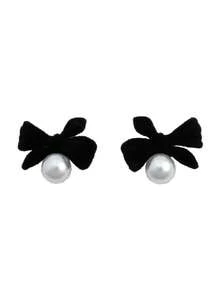 1 Paar elegante schwarze Samt-Schleifenperlen-Ohrringe, geeignet für den täglichen Gebrauch von Frauen, Feste und Partys - Schwarz - Übersicht 6