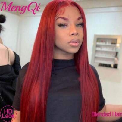 200 Density Straight Wigs Glueless Wig Human Blended Hair 13x4Wear And Go Transparent Lace Front Wigs Human Blended Glueless Hair Wig Pre Plucked 26 Inch Long Wigs 99J Color Wig Daily Party Wear