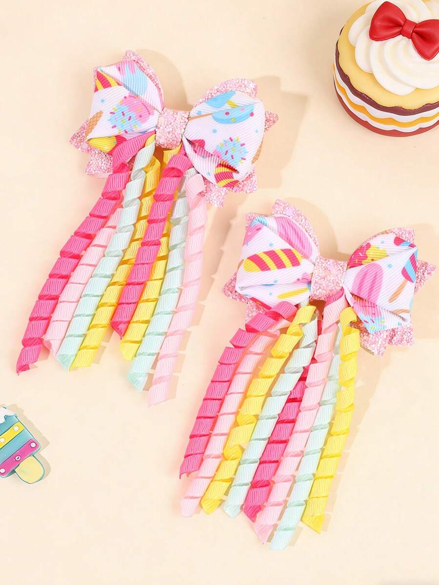 2PCS Cute Ice Cream Dessert Printing Tassel Bow Hair Clip Grit Swallow Tail Curling Hair Bows Suitable For Birthday Parties And Daily Photography Props Hair Clips Teenager Hair Accessories - Multicolor - View 1