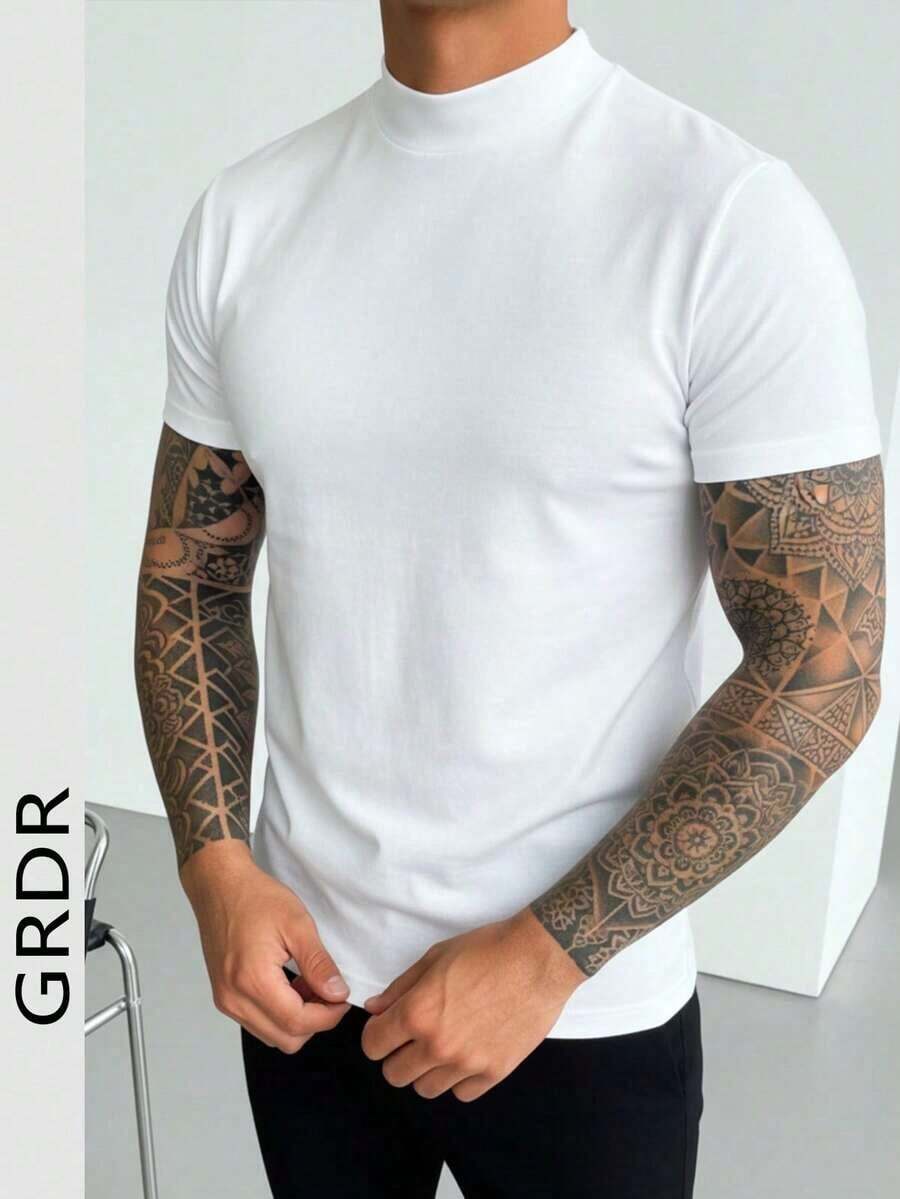 Camiseta de manga corta con cuello alto minimalista de verano para hombre GRDR, artículo esencial de moda para el verano. - Blanco - Ver 1