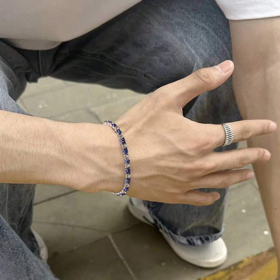 1条前卫邪眼网球手链，镶嵌闪亮水钻 | 弹性设计，朋克极简风格 | 适合日常佩戴和派对礼物 - 彩色 - 查看 1