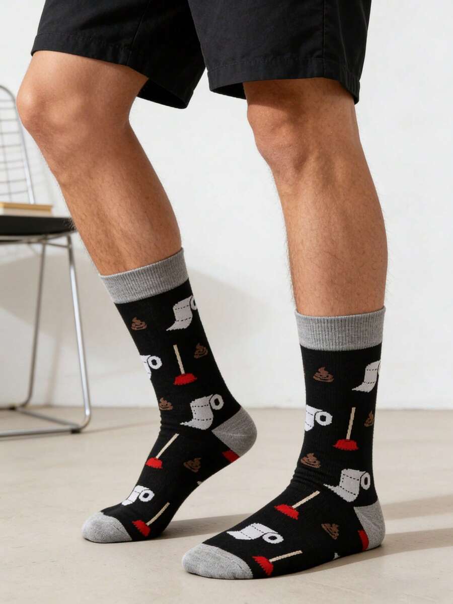 1 双男士黑灰色卫生纸印花图案中筒袜，休闲百搭，适合所有季节 - 彩色 - 查看 1