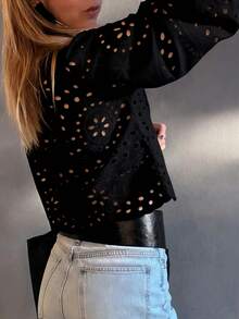 Women's Solid Color Hollow Embroidered Vacation Shirt - Black - View 9