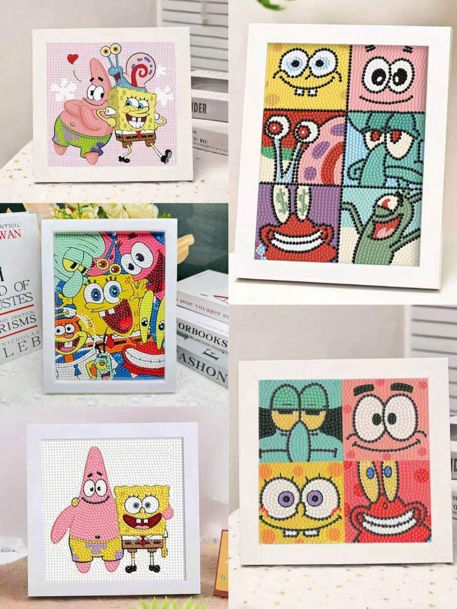 SpongeBob SquarePants 1幅5D全钻水晶钻石画，带框，DIY手工套装，适合作为情人节礼物、生日礼物、派对礼物、钻石艺术品、高品质钻石艺术品套装，是开学季和派对的理想礼物。 - 彩色 - 查看 1