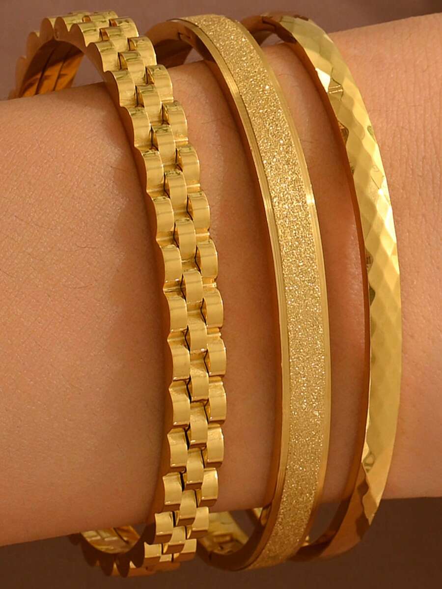 3pcs Set Stainless Steel Clover Cubic Zirconia Bangle Bracelet, Minimalist Sparkling Bracelets Suitable For Daily Wear, Fashion Jewelry Mix And Match - Yellow Gold - View 1