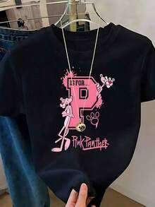 Women's White T-Shirt With  Graphic And Sunglasses, Retro Cartoon Aesthetic Short Sleeve T-Shirt, Fun Modern Top, Casual Street Fashion Blouse - 酒紅色 - 查看 1
