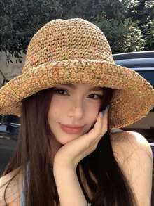 1 女士时尚草帽，户外沙滩遮阳帽，编织渔夫帽，夏季沙滩度假遮阳帽，可折叠大檐遮阳帽 - 彩色 - 查看 5