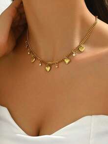 1pc Chunky Chain Heart Pendant Stainless Steel Necklace, Suitable For Women's Daily Wear And As Gift Valentines - 黃金 - 查看 4