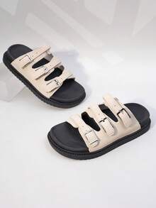 1 Pair Girls' Beige Suede Multi-Buckle Thick-Soled Non-Slip Slide Sandals For Everyday Casual Use - Beige - View 7