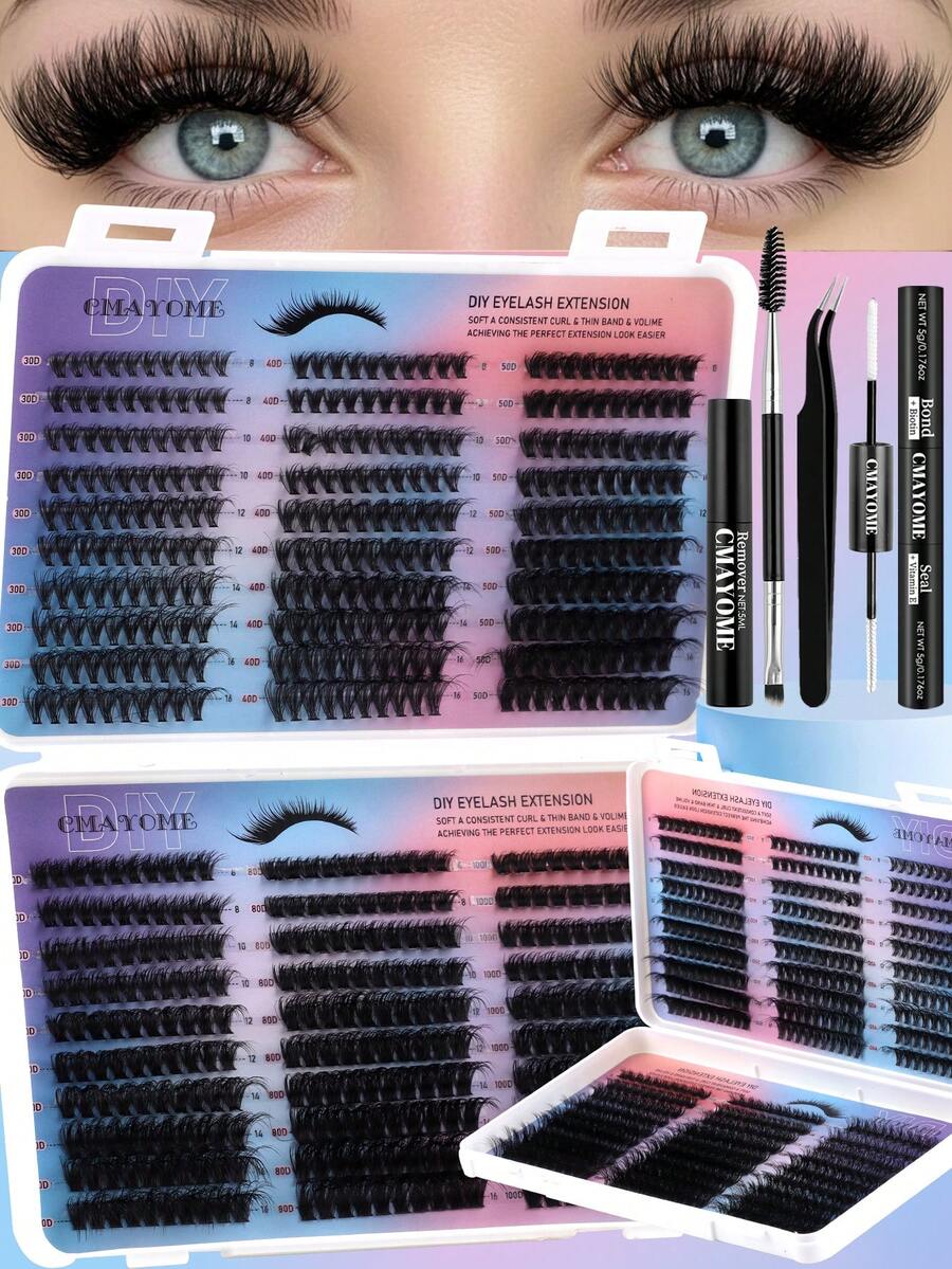 这款 600 片装 D 型卷翘浓密假睫毛套装包含适合初学者的假睫毛教程、浓密纤长的 DIY 分段式假睫毛，并附赠胶水、卸妆液、镊子和睫毛刷。