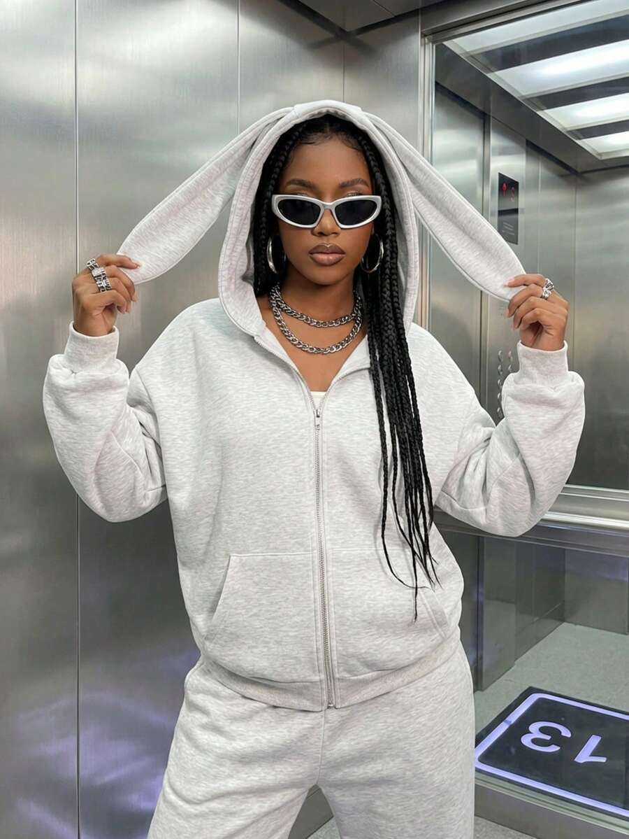 Áo hoodie dáng rộng, dài vừa phải, thiết kế túi khóa kéo hình tai thỏ dễ thương, phù hợp cho mùa thu, đông và xuân, phong cách thường ngày/tối giản/Y2K/công sở, thích hợp mặc hàng ngày, đi nghỉ mát, đi học, ở nhà hoặc dạo phố. - Màu Xám nhạt - Xem 1