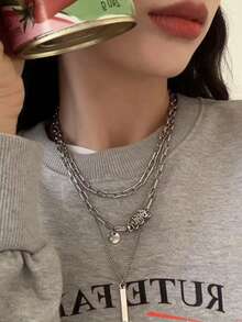 1pc Double-Layer Sweatshirt Necklace, Women's Fashion Jewelry, High-End Pendant Necklace, Long Sweatshirt Chain For Autumn/Winter - Multicolor - View 2