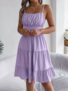 Spring/Summer Casual Vacation Pleated Sling Cake Dress Mini Dress Party Elegant - Mauve Purple - View 5