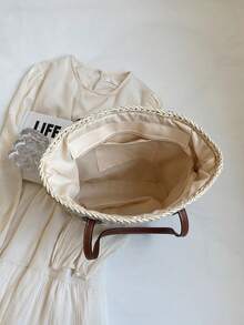 简约百搭草编手提包，休闲通勤腋下编织包，旅行度假沙滩包 - 米色 - 查看 6