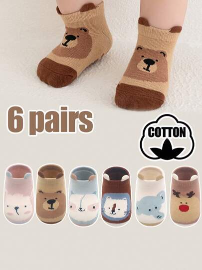 6 Pairs Baby/Toddler Anti-Slip Grip Socks, Children Socks, Infant Socks, Soft & Comfortable Material, Cartoon Patterns, Suitable For All Seasons, Boys & Girls