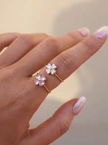 Frminee 2pcs/1pc Women's 18k Gold Plated Four-Leaf Clover Stainless Steel Ring, Cubic Zirconia Lucky Promise Ring, Elegant Jewelry Gift - Multicolor - View 3