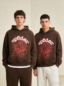 2-Piece Set Men's Hip Hop Spider Web Pattern Graphic Alphabet Print Harajuku Vintage Hoodie Long Sleeve Street Wear Top For Both Men And Women Oversized Hoodies,Y2k Hoodies Hip-Hop Style, - 棕色*2 - 查看 3