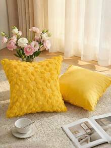 春夏奶油白向日葵抱枕套套装（1件），季节性农舍风格装饰黄色花朵爱心柔软毛绒仿毛皮提花靠垫套，适用于家居沙发 - 黃色 - 查看 2