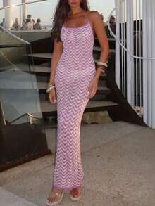 Fashionable Women's Cover-Up Dress, Elegant Women's Pink Spaghetti Strap Lightweight Off-Shoulder Hollow-Out Design Knit Dress, Comfortable & Breathable - Pink - View 2