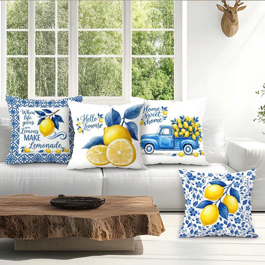 4 vỏ gối trang trí in một mặt họa tiết chanh, chất liệu nhung màu đào, 100% polyester, thích hợp cho phòng khách, ghế sofa, phòng ngủ - Trang trí đa không gian, không kèm ruột gối, kích thước 40x40cm/45x45cm/50x50cm - Chủ đề văn bản chanh - Xem 1