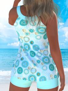Elegant Women's Blue Swimsuit, Hollow Neckline Halter Top With Floral Print And Matching Shorts, Creating A Casual Yet Adorable Look For Summer Vacation - Màu xanh da trời - Xem 3