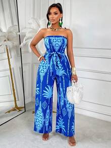 AIJ Amarilo Summer Blue Floral Print Jumpsuit, Casual Vacation Style, Latest Spring/Summer Women's Printed Jumpsuit (Random Pattern) - Blue - View 4