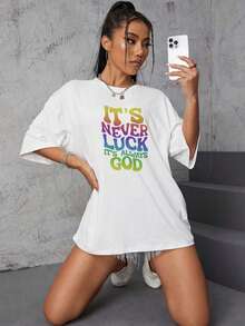 T-shirt femme coloré, << Ce n'est jamais de la chance, c'est toujours Dieu », t-shirt déC-ontracté à manches courtes, 1 pièce, épais eT- Confortable, col rond, doux, charmant, 1 pièce, 100 % coton, t-shirt vintage pour femme, motif 2D, col rond, manches courtes, convient toute l'année. - Blanc - Voir 4