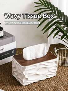 大容量简约创意桌面纸巾盒，塑料材质，适合客厅使用，配有木质盖子 - 彩色 - 查看 5