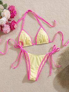 Bộ bikini buộc dây cổ gợi cảm phối màu tương phản dành cho nữ, thích hợp cho kỳ nghỉ xuân, đi biển, mùa hè. - Nhiều màu - Xem 3
