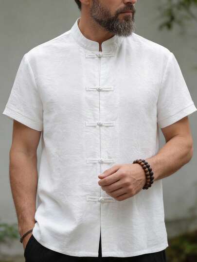 Fashionable Clickable Stand Collar Shirt For Men, Solid Color Minimalist Business Casual Chinese Style Top, Suitable For Simple Elegant National Style Men's Wear, New Summer Short Sleeve Shirt