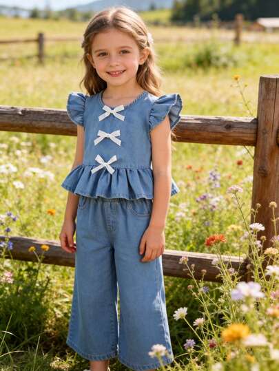 Set de 2 piezas para niñas pequeñas: Top con mangas abullonadas y decoración de lazo y cinta, y pantalones vaqueros rectos y sueltos en azul retro y clásico