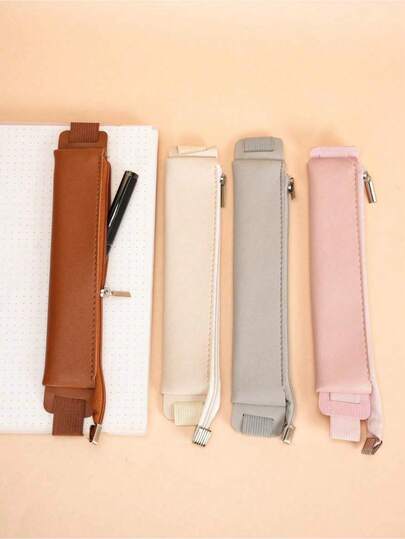 1pc PU Pencil Case With Adjustable Strap, Zipper Pouch, Elastic Band, Suitable For Notebooks, Diaries, Planners, Books, Solid Color Pen Holder, Stationery, Back To School Supplies (Multiple Colors Available)