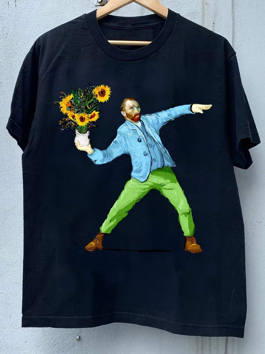 Camicia in cotone da uomo con stampa dell'opera d'arte "Notte stellata" e "Girasoli" di Van Gogh - Camicia casual estiva a maniche corte con collo rotondo e vestibilità morbida, con design ispirato al famoso artista, lavabile in lavatrice, adatta per adulti, in cotone morbido e traspirante, con stampe vibranti di girasoli, facile da curare, adatta per uso casual. - nero - Visualizzare 1
