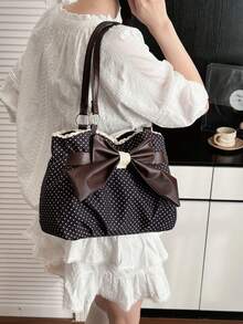新款复古波点大容量单肩包，蝴蝶结蕾丝时尚通勤腋下包，独特ins风手提包 - 黑色 - 查看 2