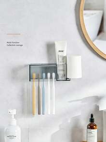 1pc Self-Adhesive 5-Slot Wall Mounted Toothbrush Holder With Cover, Suitable For Shower, Bathroom, Dorm, Can Hold Toothpaste And Toothbrush Cup (Cup Not Included) - Multicolor - View 2