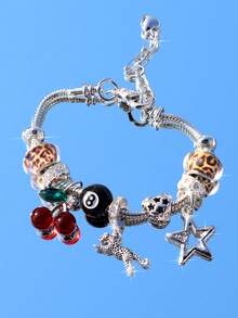 1件豹纹、樱桃、星星吊坠手链、星星女孩手链、豹纹手链、黑色8号球豹纹手链、星星DIY手链 - 銀色 - 查看 3