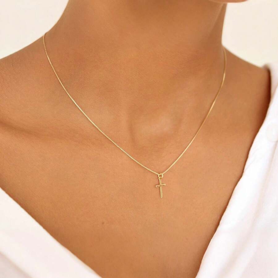 Exquisite 18K Gold Plated Cross Necklace, Minimalist Layered Cross Pendant Necklace, Stainless Steel Jewelry Gift For Her - Gold - View 1