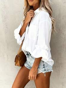 Plus Size Women Ruffle Trim 3/4 Sleeve Button Down Shirt, Summer Top White - White - View 4