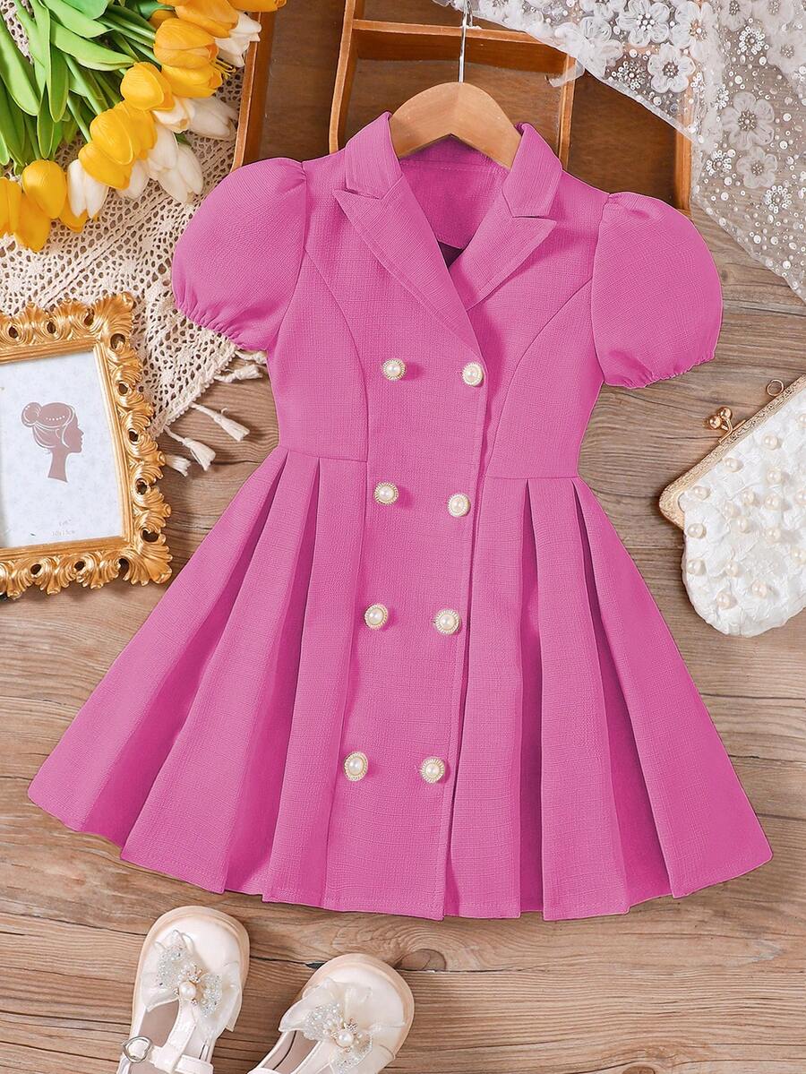 少女春夏花瓣袖双排扣领淑女连衣裙 - 玫紅色 - 查看 1