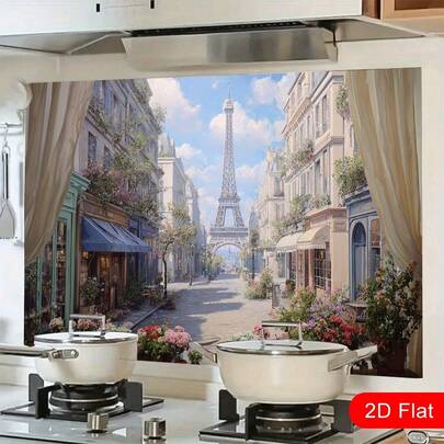 Tranh dán tường phong cảnh đường phố với tháp Eiffel, bao quanh là kiến trúc tuyệt đẹp, đậm chất văn hóa độc đáo, tông màu ấm áp, dễ lắp đặt và vệ sinh, chống dầu mỡ, thích hợp để trang trí và làm mới tường phòng ăn, phòng khách.