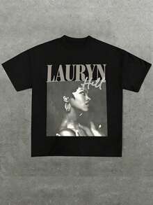 Camiseta de Algodón Puro de 220 g/m², Manga Corta, Casual, con Estampado de Retrato de Lauryn Hill, para Hombre, Talla Grande - Negro - Ver 12