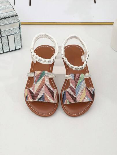 1 Pair Girls' Summer Fashion Sandals, Braided Fabric Upper With Rhinestones, Multi-Color Patchwork Upper, Elastic Band, Suitable For Vacation And Daily Wear