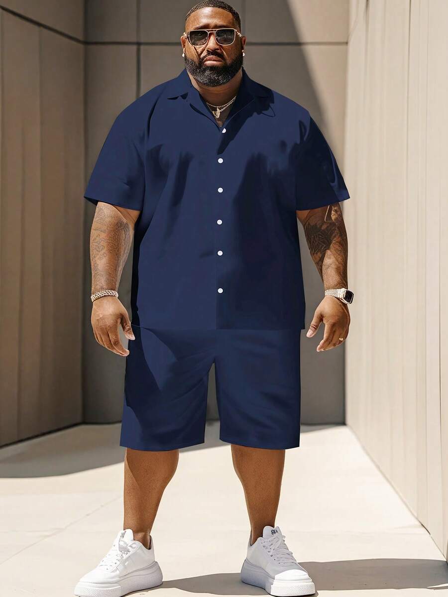 Plus Size Men's Shirt Set, Short Sleeve Shirt And Shorts 2-Piece, Solid Color Machine Washable