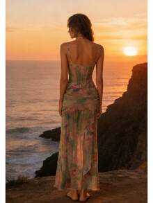 Tropical Print Spaghetti Strap Dress High Waisted Side Slit Flowy Boho Beach Party Outfit - 綠色 - 查看 2