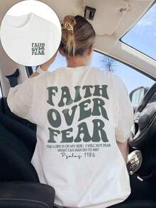 1pcs Plus Size Women's T-Shirt, Printed With "FAITH OVER FEAR" And Bible Verse Designs On The Back, Suitable For Church Services, Religious Activities - 白色 - 查看 12